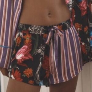 Anthropologie NWT Satin Pajama Shorts Multi Floral/Stripe Side Button Detail Sm